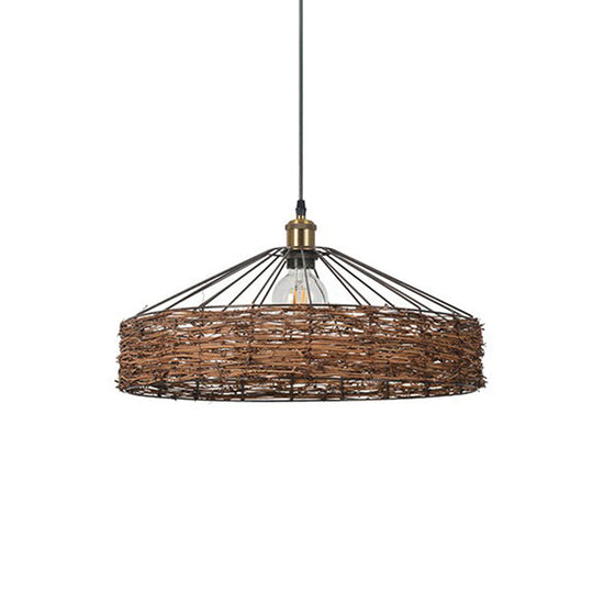 Country Style Rattan Barn Hanging Light Pendant For Dining Room - Brown Finish 1 Bulb
