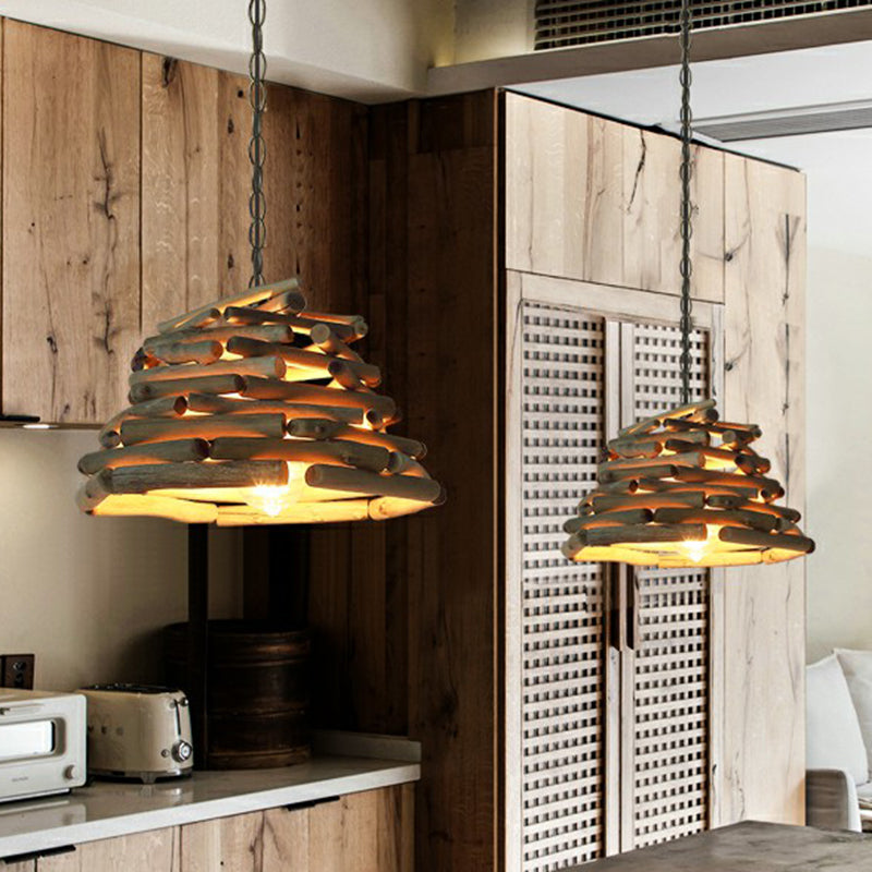 Lodge Wooden Single Pendant Light Fixture - Stacked Sticks Suspension Lamp For Dining Room