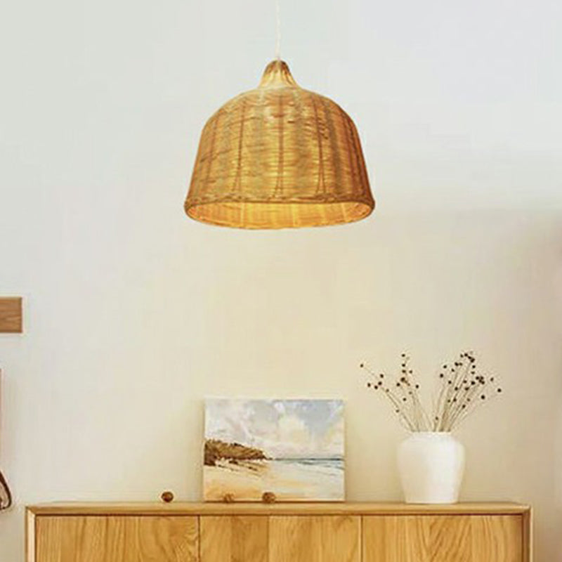 Bamboo Hanging Lamp: Modern Cloche Shape Wood Ceiling Light For Bedroom