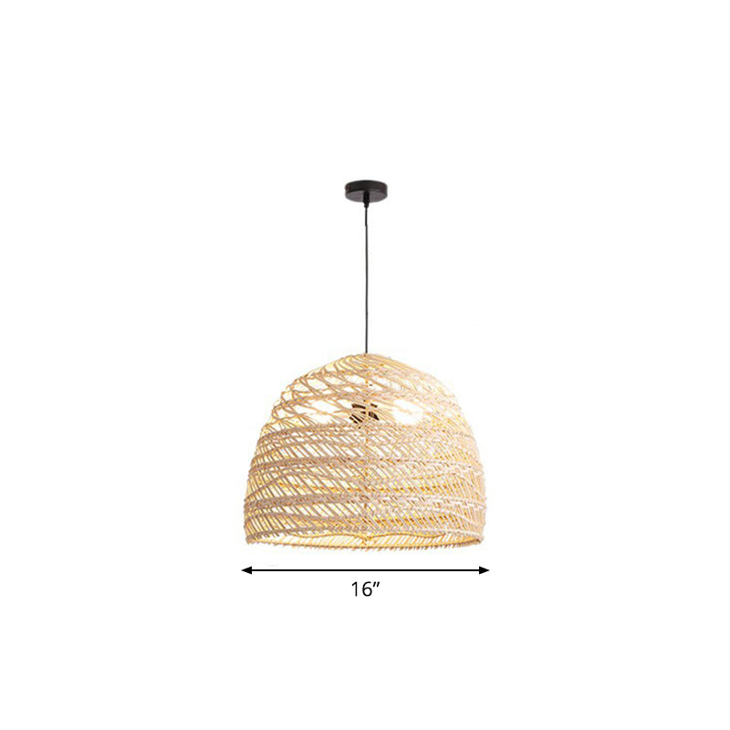 Rustic Rattan 1-Head Domed Pendant Lamp For Bedroom Ceiling Wood / Small Round