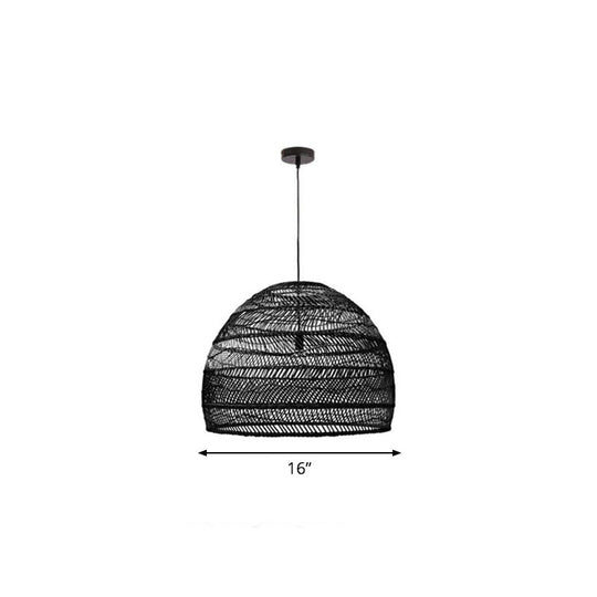 Rustic Rattan 1-Head Domed Pendant Lamp For Bedroom Ceiling Black / Small Round