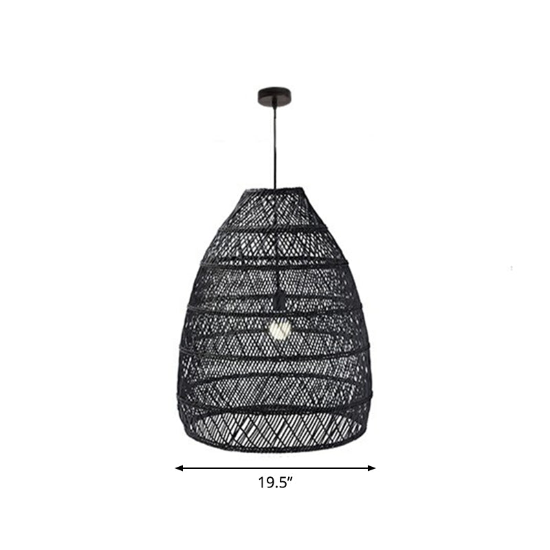 Rustic Rattan Domed Pendant Lamp - 1-Head Bedroom Ceiling Light Black / Large Oval