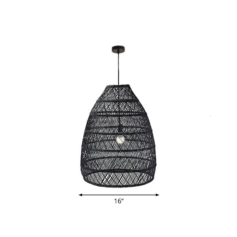 Rustic Rattan 1-Head Domed Pendant Lamp For Bedroom Ceiling Black / Small Oval