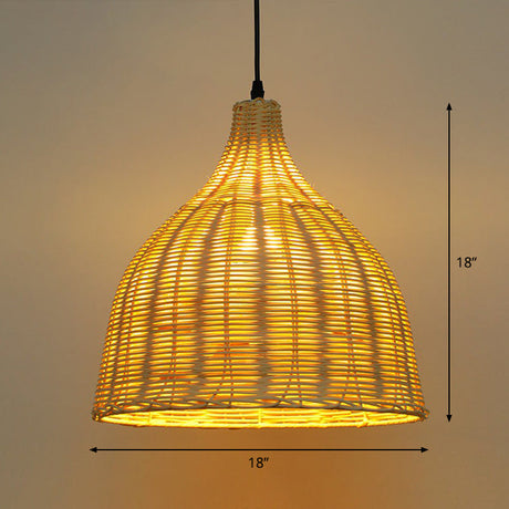 Bamboo Tea Room Pendant Lamp: Asian-Inspired Wood Ceiling Light With Bell Shade And Single Bulb / 18