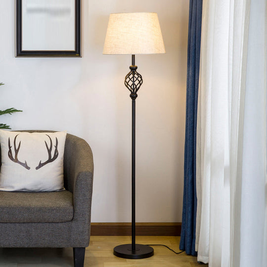 Retro Empire Shade Floor Lamp - Single-Bulb Fabric Standing Light In Black Foot Switch Included