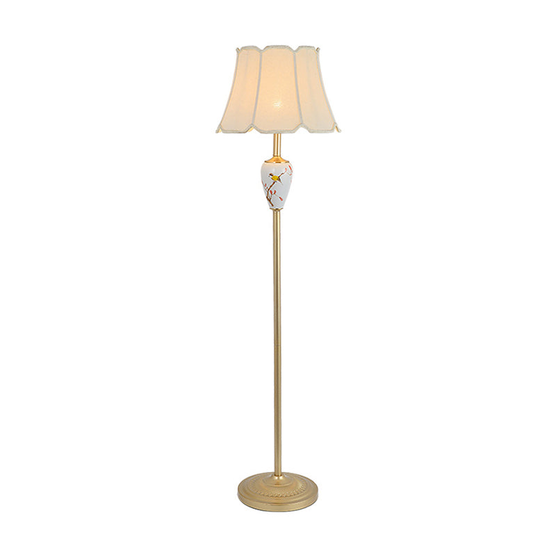 Gold Fabric Flared Floor Light: Classic 1-Light Accent Lamp For Living Room With Scalloped Trimming