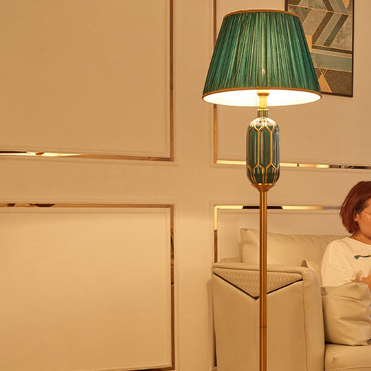Modern Single Floor Lamp With Empire Shade And Pleated Fabric - Perfect For Living Room