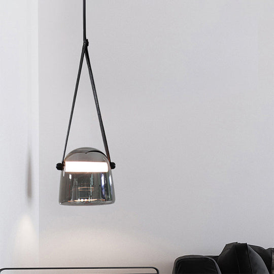 Smoke Grey Glass Pendulum Light - Nordic Single-Bulb Pendant With Adjustable Leather Strap