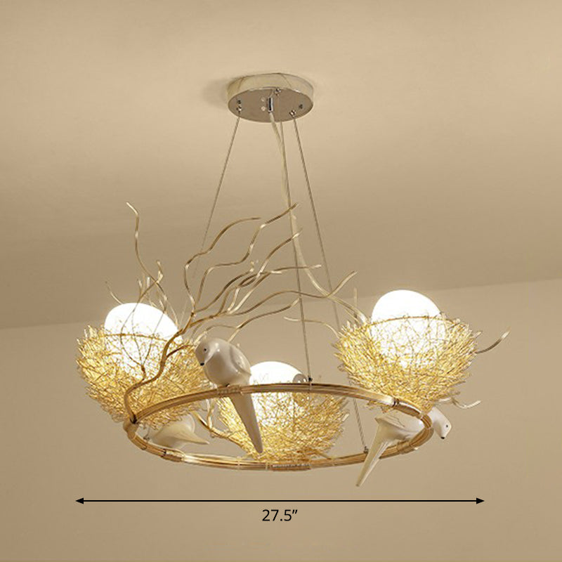 Gold Aluminum Pendant Light With Artistic Bird Nest And Egg Design For Dining Room