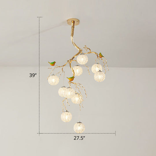 Led Ball Tree Chandelier: Artistic Gold Hanging Lamp With Bird Decor Aluminum Wire 10 / Warm