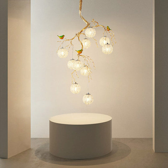 Led Ball Tree Chandelier: Artistic Gold Hanging Lamp With Bird Decor Aluminum Wire