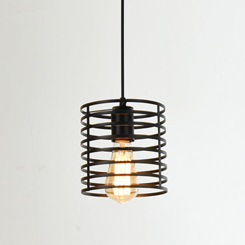 Metal Black Geometric Cage Pendant Light - Industrial Style Ceiling Lamp / Cylinder