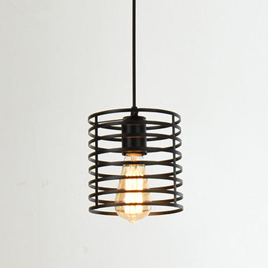 Metal Black Geometric Cage Pendant Light - Industrial Style Ceiling Lamp / Cylinder