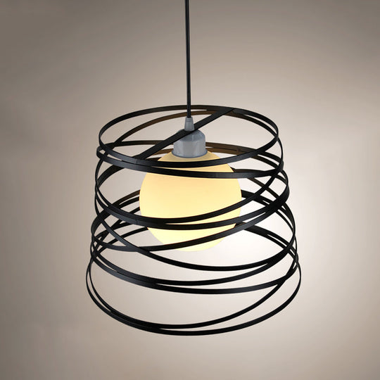 White Glass Domed Suspension Light - Loft Style Pendant With Black Wire Guard