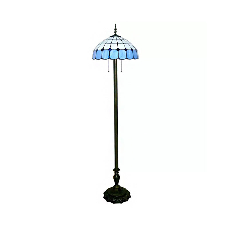 Stylish Grid Dome Standing Floor Lamp - Tiffany Glass Blue Light For Living Room