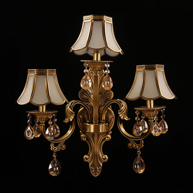 Traditional Brass Finish Scalloped Wall Sconce With Frosted Glass And Crystal Deco - 3 Heads
