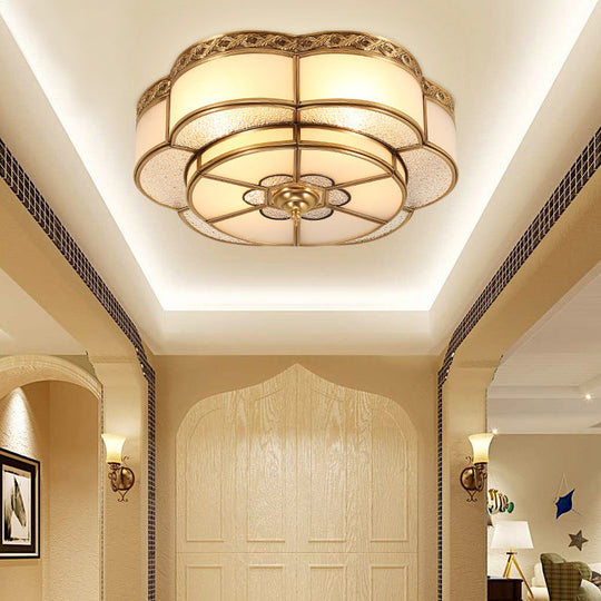 Vintage Opal Glass Floral Ceiling Light – Brass Flush Mount Fixture For Bedroom
