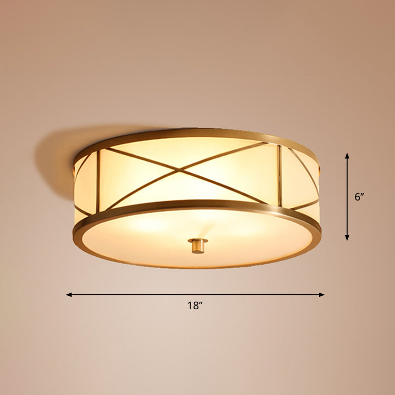 Modern Opal Glass Ceiling Mounted Flushmount With Brass X Brace Fixture - Simplicity Drum Lighting /