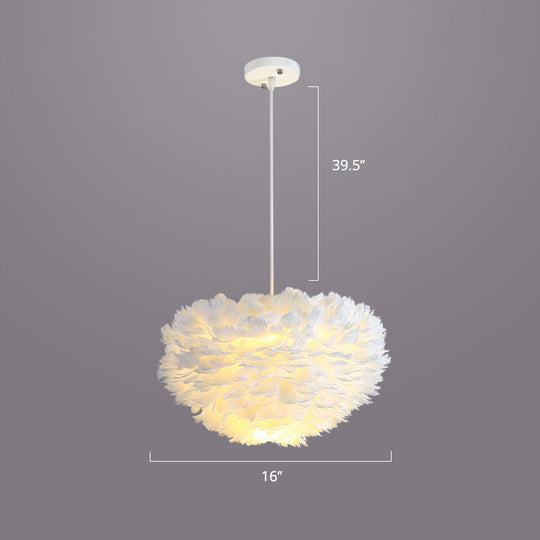 Nordic Style Bedroom Suspension Light Fixture With Feather Dome Pendant Shade White / 16’