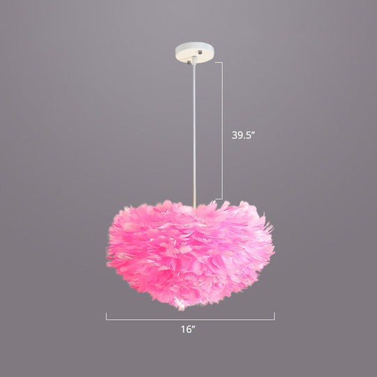 Nordic Style Bedroom Suspension Light Fixture With Feather Dome Pendant Shade Pink / 16’