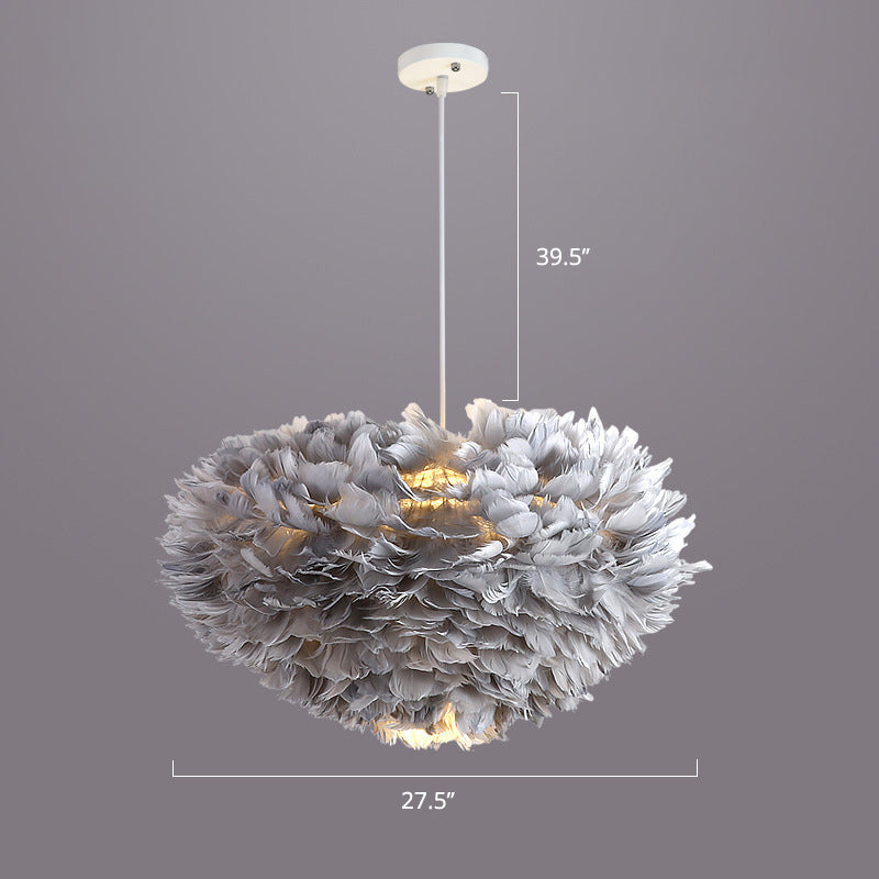 Nordic Style Bedroom Suspension Light Fixture With Feather Dome Pendant Shade Grey / 27.5’