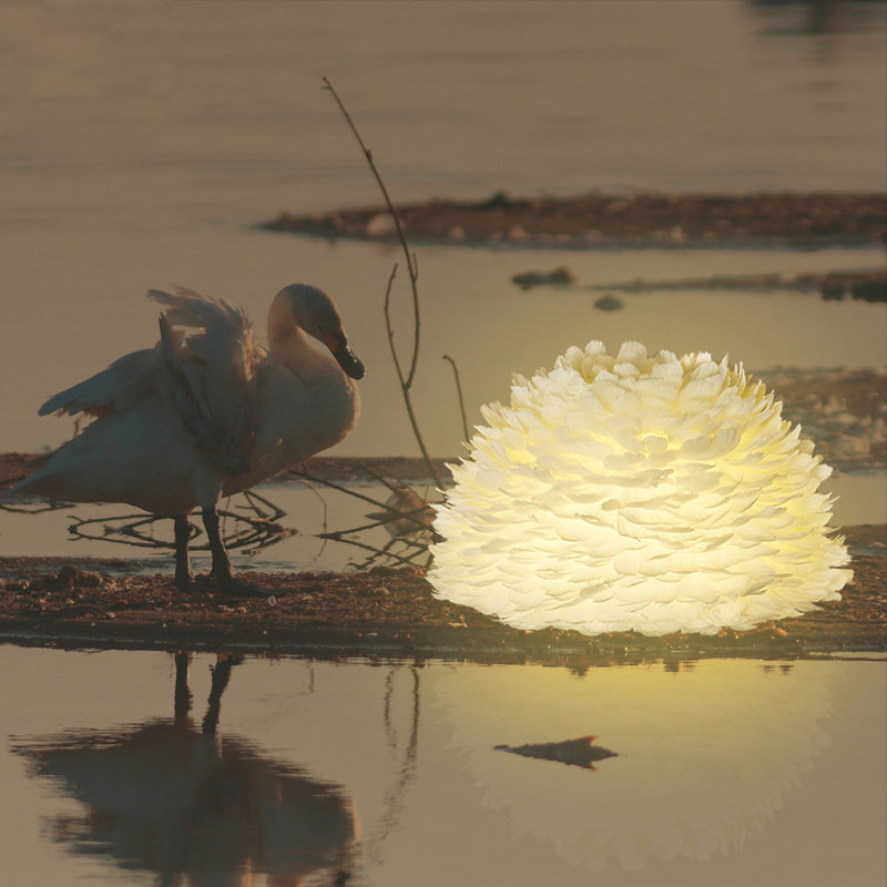 White Floral Pendant Chandelier With Feather Accent - Simple Dining Room Lighting