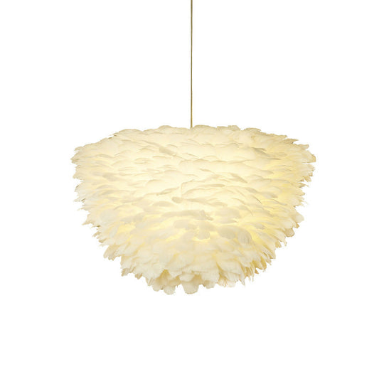 White Floral Pendant Chandelier With Feather Accent - Simple Dining Room Lighting