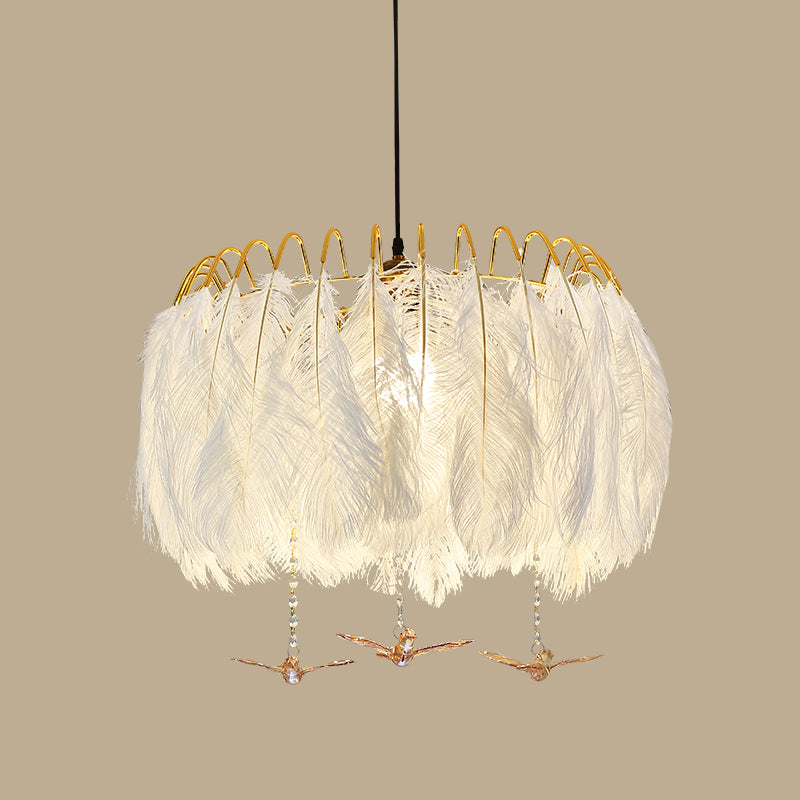 Feather Hanging Lamp: White Chandelier Light For Living Room / 23.5 With Crystal