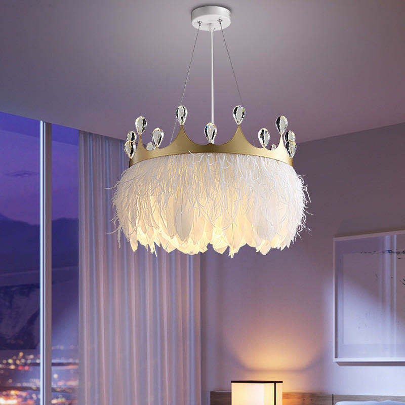 Minimalist Feather Crown Pendant Light With Crystal Deco