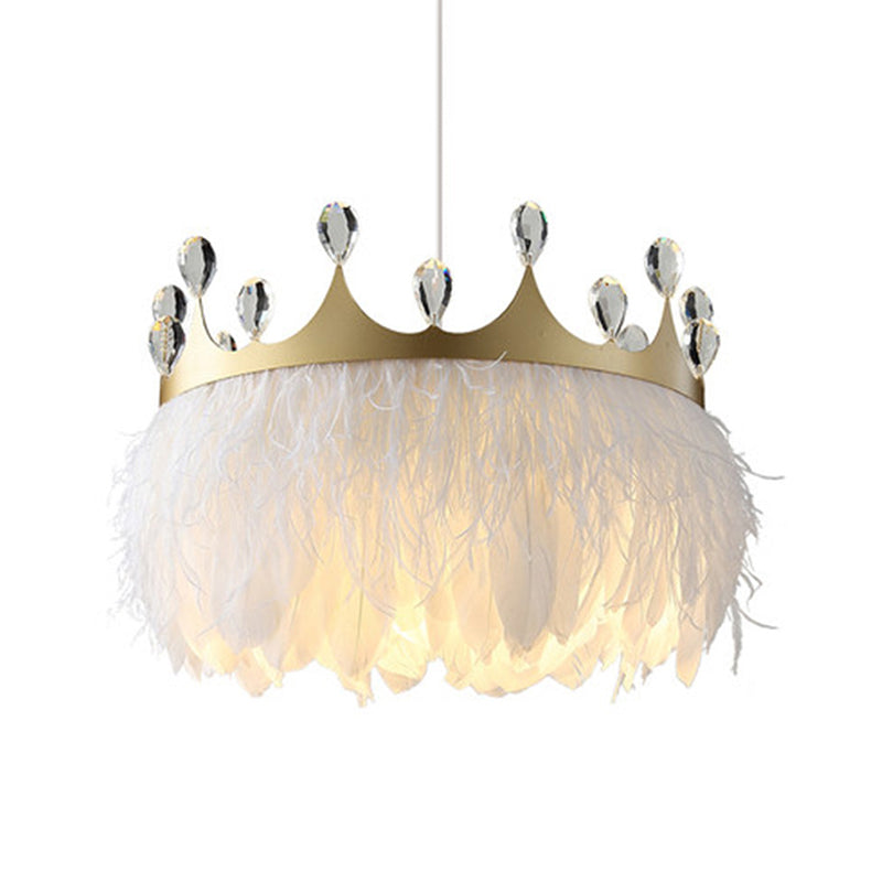 Minimalist Feather Crown Pendant Light - White Suspension With Crystal Deco