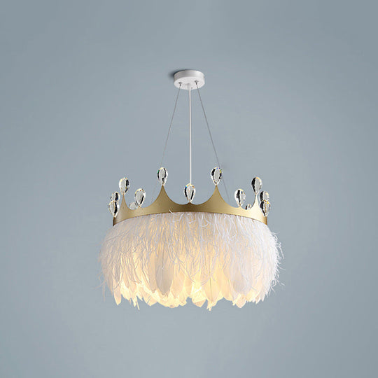 Minimalist Feather Crown Pendant Light - White Suspension With Crystal Deco / 18