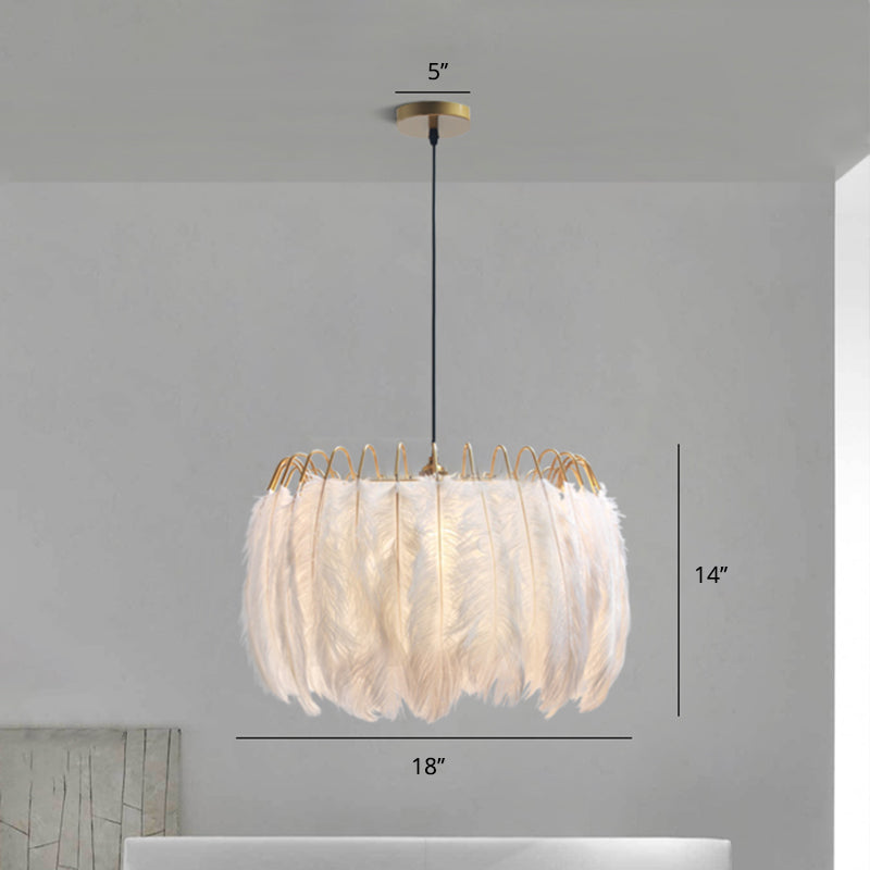 Feather White Bedroom Chandelier: Round Postmodern Hanging Lamp / 18’