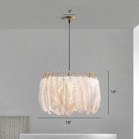 Feather White Bedroom Chandelier: Round Postmodern Hanging Lamp / 18’