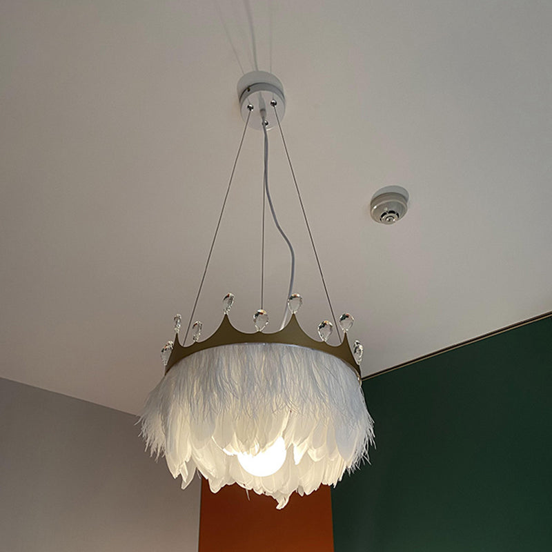 Feathered Crown Child Room Chandelier: Minimalist Pendant Lamp In White With Crystal Accents