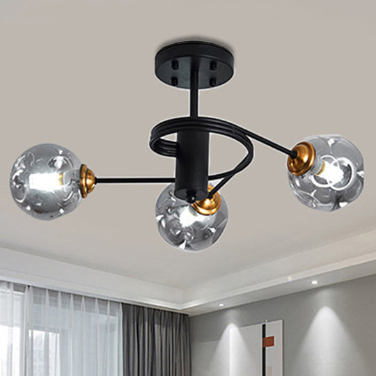 Sleek Black Modernist Semi-Flush Ceiling Light With Amber/Smoke Dimpled Glass Shades - Perfect For