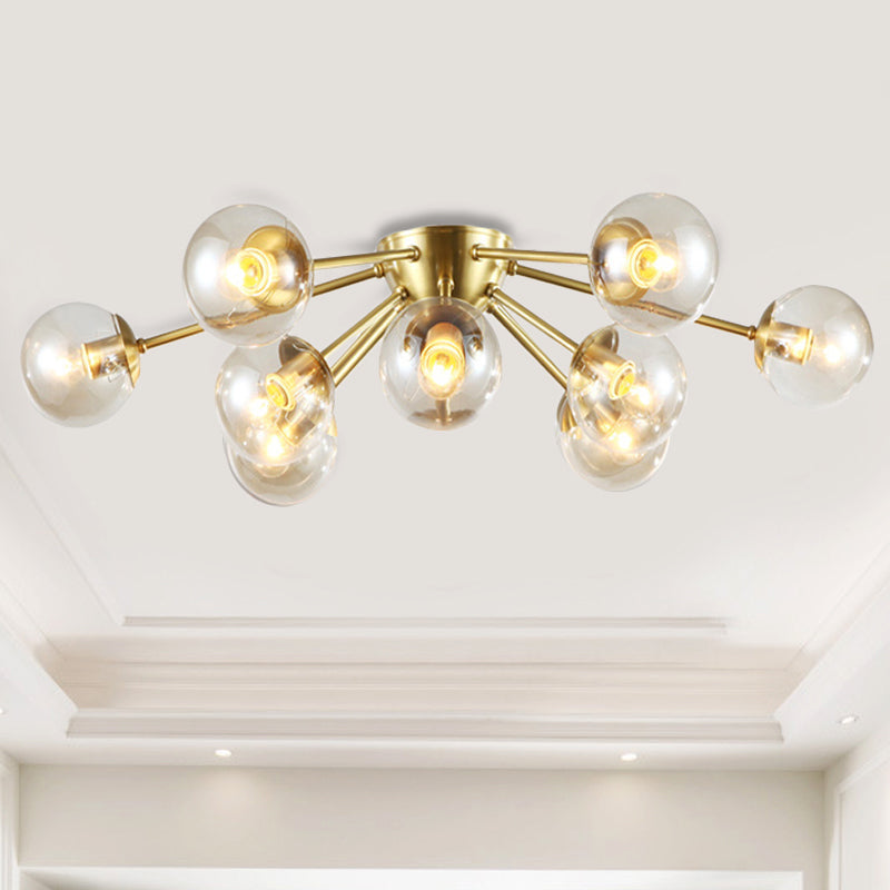 Modern Clear Glass Semi Flush Mount Light With Starburst Design - Brass Finish