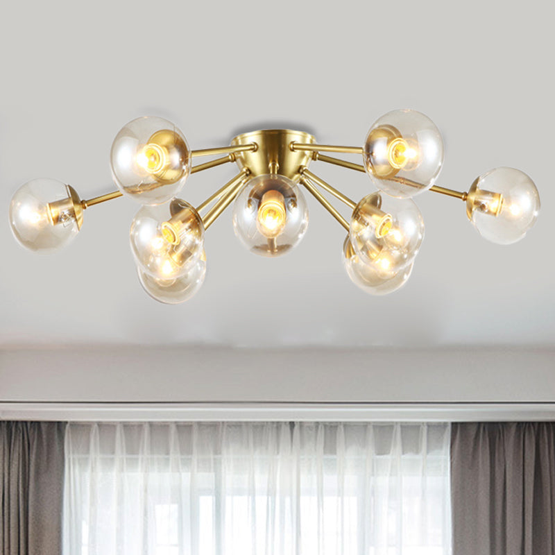 Modern Starburst Semi Flush Brass Light Fixture With Clear Glass