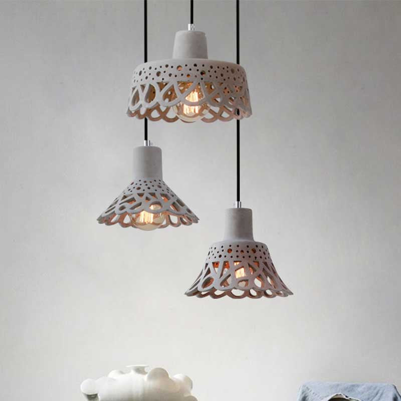 Nordic Style Etched Pendant Lighting: Concrete 1-Light Grey/White/Yellow With Geometric/Bell/Flared