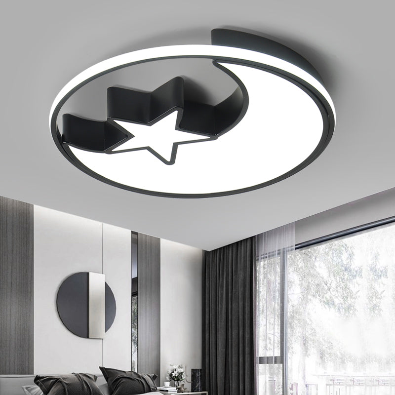 Modern Led Flush Mounted Lamp: Black Crescent And Star Ceiling Light With Acrylic Shade For Kids