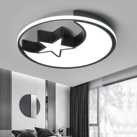 Modern Led Flush Mounted Lamp: Black Crescent And Star Ceiling Light With Acrylic Shade For Kids