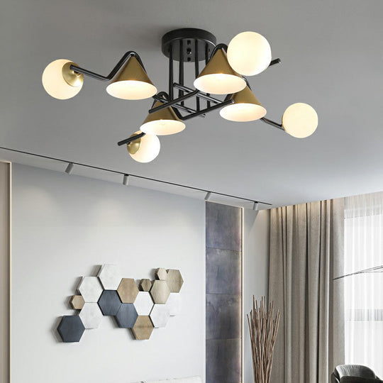 Minimalist Glass Semi Flush Ceiling Light - Cone And Ball Shaped Black - Brass Finish 8 / Cream
