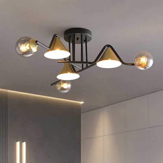 Minimalist Glass Semi Flush Ceiling Light - Cone And Ball Shaped Black - Brass Finish 6 / Clear