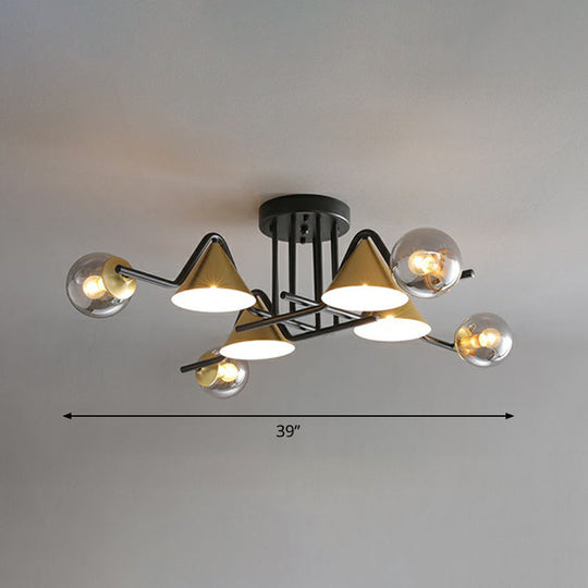 Minimalist Glass Semi Flush Ceiling Light - Cone And Ball Shaped Black - Brass Finish 8 / Smoke Gray