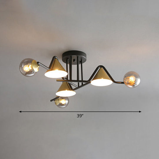 Minimalist Glass Semi Flush Ceiling Light - Cone And Ball Shaped Black - Brass Finish 6 / Smoke Gray