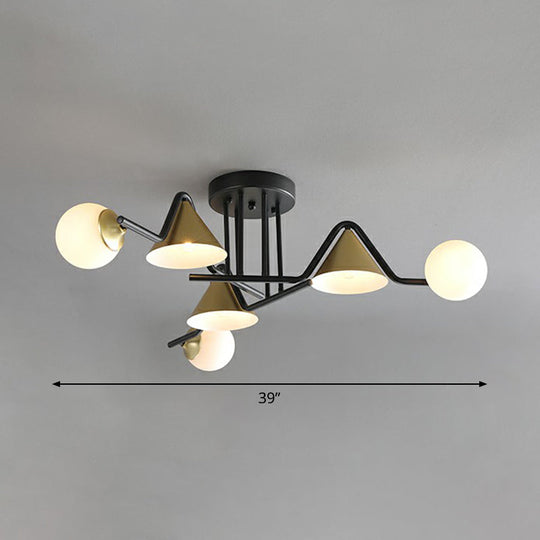 Minimalist Glass Semi Flush Ceiling Light - Cone And Ball Shaped Black - Brass Finish 6 / Cream