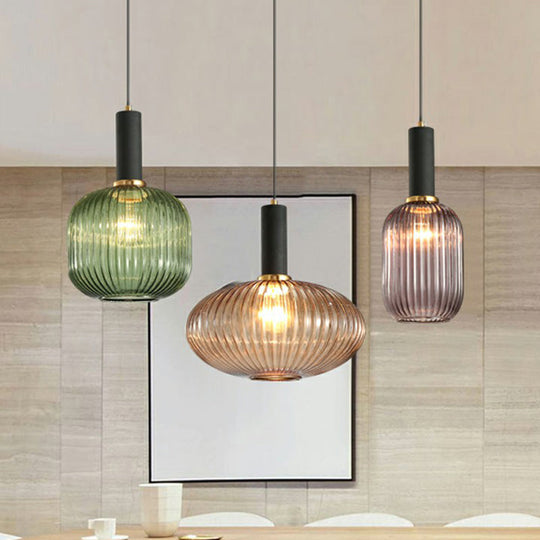 Ribbed Glass Pendant Light - Bottle Shaped Minimalist 1-Light Fixture For Dining Room