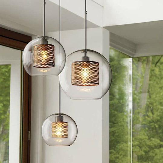 Postmodern Geometric Glass Ceiling Pendant With Brass Finish: Clear Mesh-Inside Hanging Light