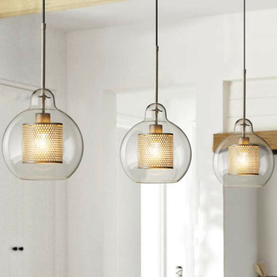 Modern Clear Glass Pendant Light With Brass Finish - Geometric Design & Mesh Inside