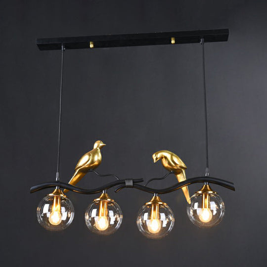 Modern Branch Island Pendant Light With Ball Glass Shade And Bird Deco - Metal 4-Light Fixture For