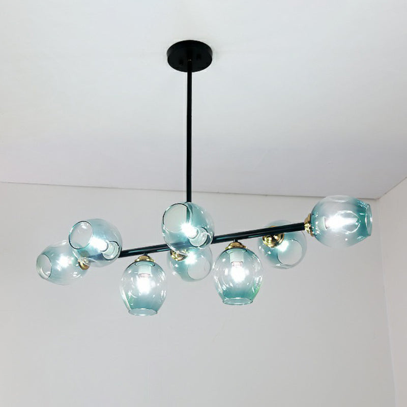 Dimpled Glass Linear Island Pendant Light With 8-Bulbs For Minimalist Dining Room Blue